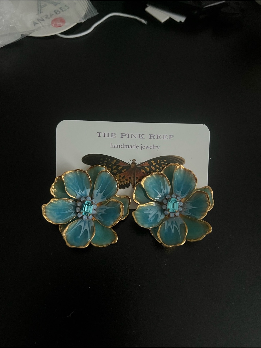Anthropologie Gold-Trim Teal Flower Earrings